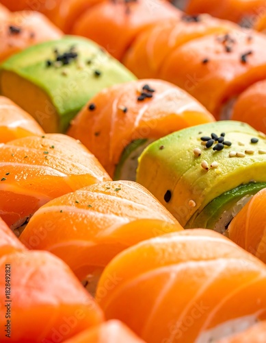 Close-up of sushi rolls with salmon, avocado, and rice