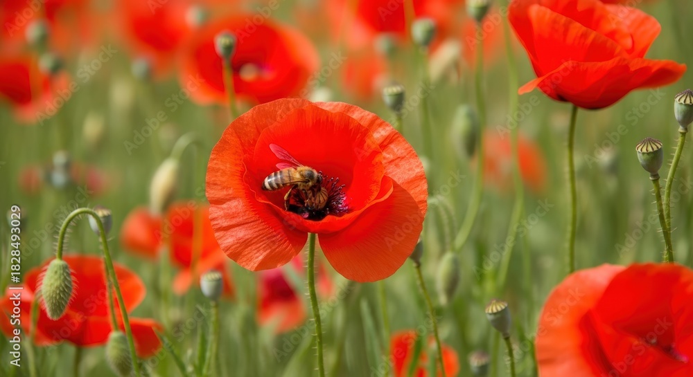 Naklejka premium A close-up view of a vibrant red poppy with a bee inside, surrounded by a field of blooming poppies and green foliage.