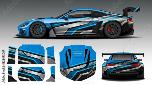 Racing car design with blue, silver, and black graphics, side and rear views, and separate decal elements.