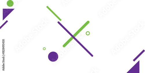 Abstract geometric composition with intersecting lines and shapes in purple and green on a white background symbolizing connection and movement