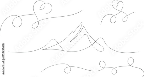 Minimalist mountain range continuous line art. A single, unbroken line art illustration depicting a serene mountain range landscape, perfect for minimalist designs.