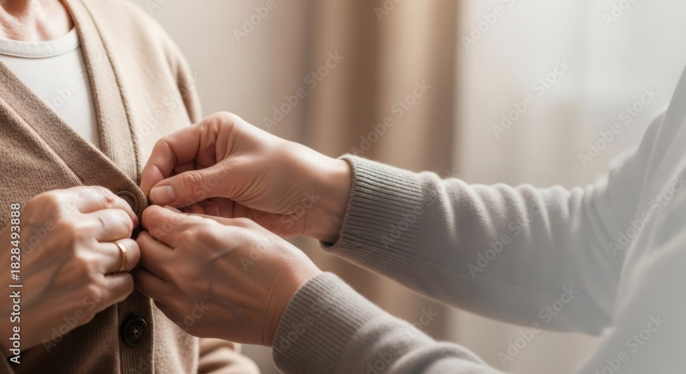 Fototapeta premium Helping hand buttoning up a sweater for an elderly man with limited mobility, demonstrating assistance for aging parent or patient care.