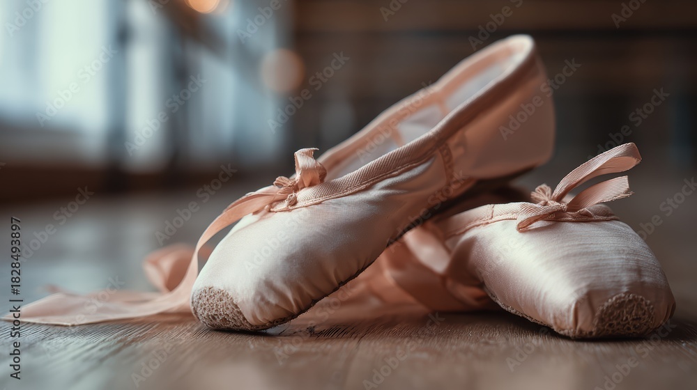 Obraz premium Close-Up of Elegant Ballet Shoes Resting on Dance Studio Floor, Capturing Graceful Details and Soft Textures in a Serene Environment