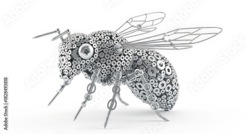 Intricate metallic bee sculpture crafted from various nuts, bolts, and washers on a white background.
