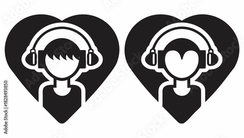 Express Yourself with Music: Modern Graphics of People Wearing Headphones in Hearts, Perfect for Music Lovers and Audio Branding, Originally a Vector