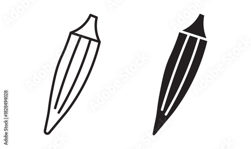 Okra , ladyfinger vegetable icon set in outline and silhouette style, representing fresh produce, healthy food, and cooking ingredients, vector illustration.
