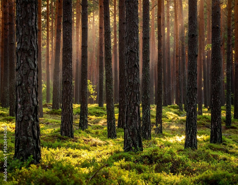 Obraz premium Sunlight streams through tall trees in a lush, green forest floor