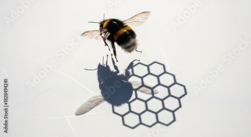 A bumblebee flying above a white surface, casting a shadow that incorporates a honeycomb pattern.