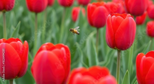 A busy bee in flight among a vibrant field of red tulips with lush green foliage.