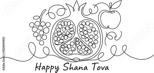 Pomegranate. Modern single line art drawing. Happy Shana tova continuous line draw design set illustration 