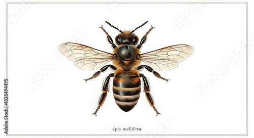 A detailed scientific illustration of a honey bee, Apis mellifera, on a white background.