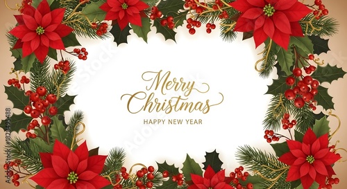 Christmas frame with red poinsettias holly berries pine branches and Merry Christmas text