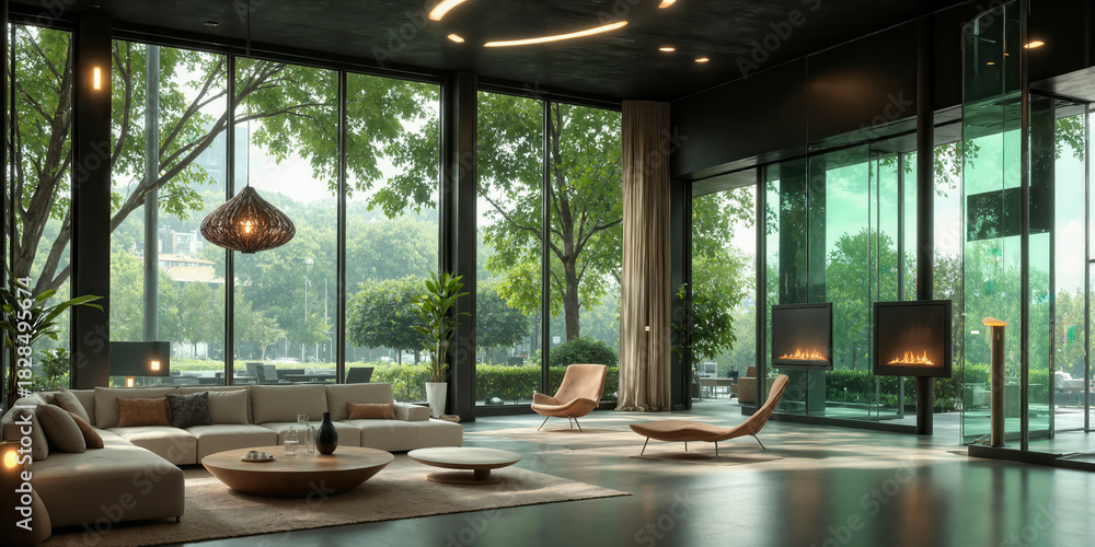 Fototapeta premium Contemporary Lounge with Floating Furniture, Glass Walls, and Pantones Chive Green Natural Lighting - A chic, contemporary lounge with floating