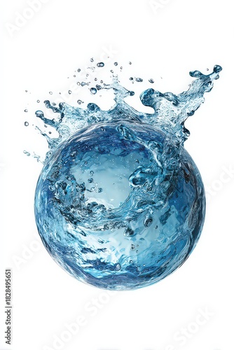 Dynamic Blue Water Sphere Splashing on White Background with Digital Illustration and Clean Liquid Motion Design