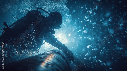 Diver Inspects Underwater Pipeline in Deep Sea Environment with Bubbles and Light Effects for Marine Exploration and Safety Studies