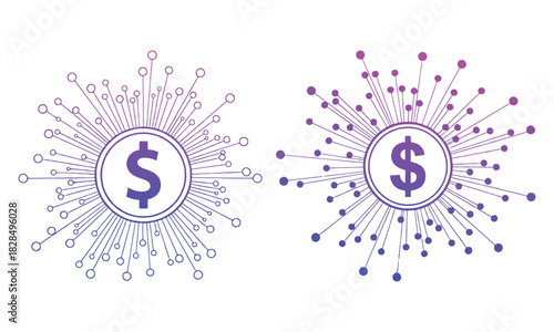 Digital dollar network with radiating lines, global financial tech.