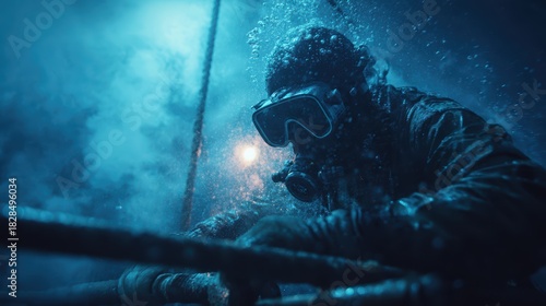 Close-Up of Diver Handling Underwater Drill Equipment in Metallic Environment with Bubbles and Blue Lighting