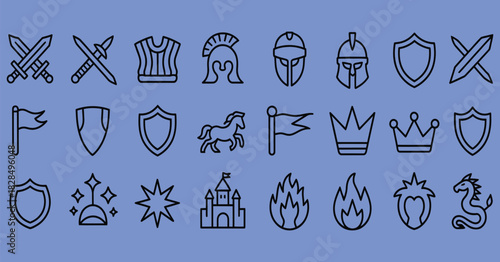 medieval icons set, vector collection featuring swords, shields, helmets, dragons, castles, and crowns, suitable for fantasy artwork, medieval history graphics, game design, and educational content.