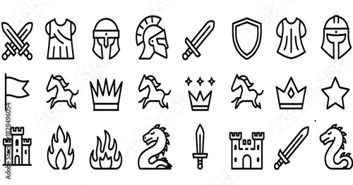 medieval icons set, including swords, shields, helmets, dragons, castles, and crowns, perfect for historical illustrations, fantasy games, educational materials, and vector design projects.