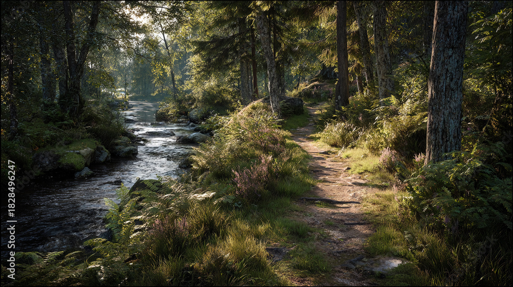 Fototapeta premium Gentle stream flows beside a tranquil forest path at sunrise