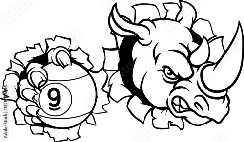 Rhino and 9 Ball Nine Ball Pool Cartoon Mascot