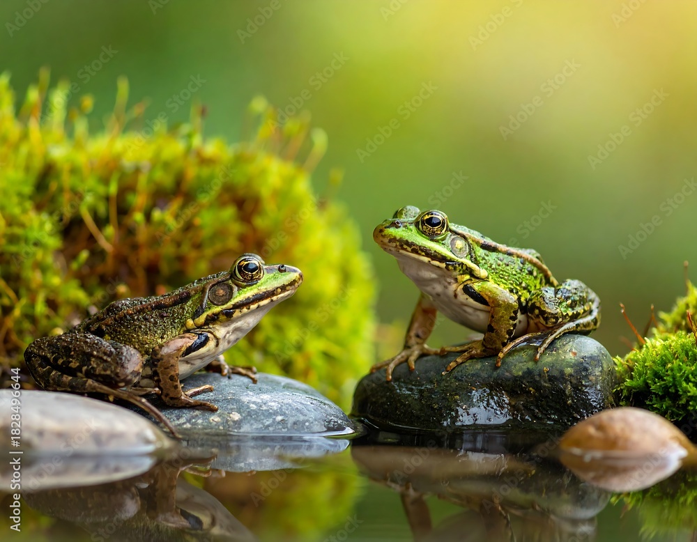 Obraz premium Two vibrant green frogs perched on wet rocks in front of verdant moss and pond
