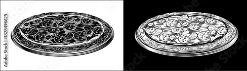 Vintage Woodcut Style Pizza with Toppings Artwork