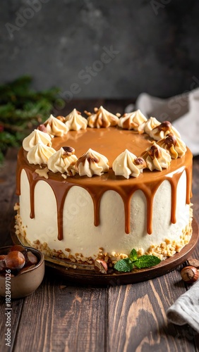 Delicious layered cake with caramel drip and frosting detail