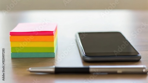 Wallpaper Mural Colorful sticky notes next to a smartphone and a pen on a wooden surface, representing organization and productivity tools. Torontodigital.ca