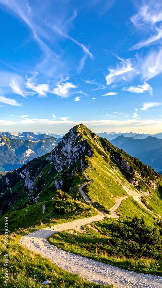 Obraz premium Sunny mountain peak scene with winding path and distant ranges beneath a bright blue sky
