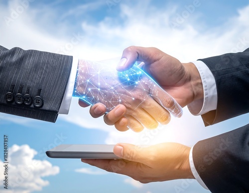 Digitally enhanced handshake. Tablet supports the deal. Sky background