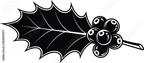 Black and white vector silhouette of classic Christmas holly, featuring a spiky leaf and a cluster of berries, traditional winter holiday decoration graphic element, isoated on white background, fest