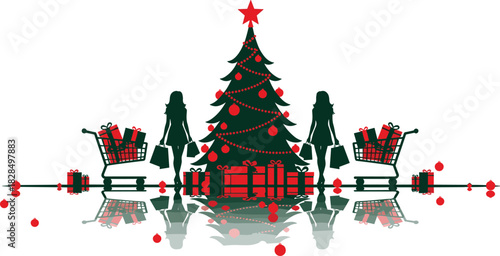 Christmas shopping vector illustration, two female shoppers silhouettes standing near a decorated holiday tree, shopping carts full of red gift boxes, sales and festive retail concept, winter backgro