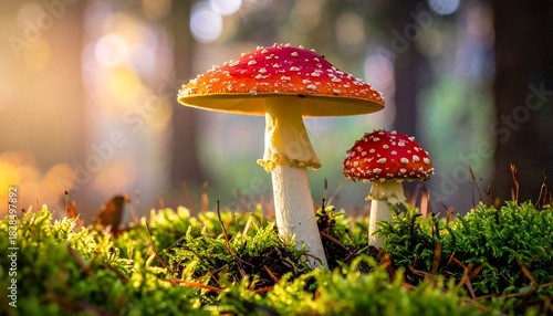 Two vibrant red mushrooms with white dots on mossy forest floor, sunlit background