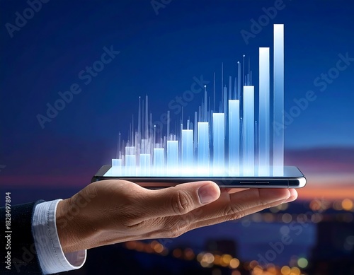 Digitally projected graph emerging from a hand-held smartphone