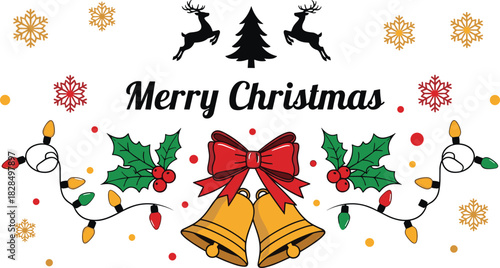 Merry Christmas Greeting Card Banner with Golden Bells, Red Ribbon Bow, Flying Reindeer Silhouettes, Christmas Tree, Holly, Decorative Light Garland, and Snowflakes on White Background Vector Art