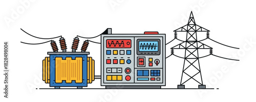 Electrical Grid Illustration with Transformer and Transmission Tower