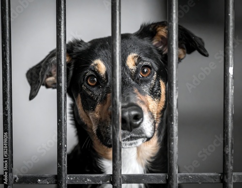 Dog stares wistfully from behind bars, evoking sadness
