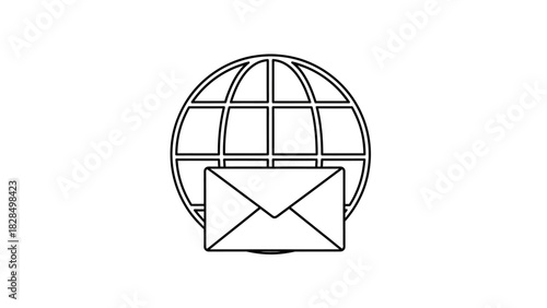 Vector line art icon of a globe with an envelope, symbolizing global communication, email, and international correspondence. Simple outline graphic illustration