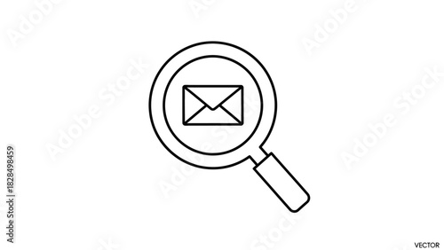 Simple line art icon of a magnifying glass focusing on an envelope, symbolizing a mail search, email lookup, or finding a message. Vector graphic for web and app interfaces