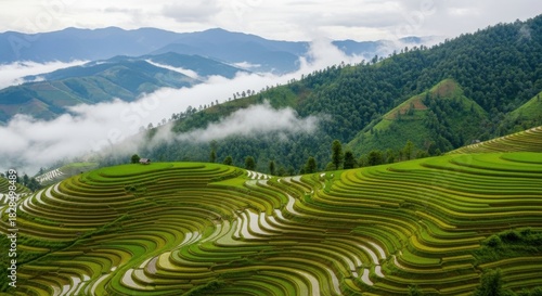 Lush green terraced rice fields on misty mountains landscape