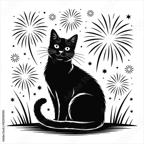 Black cat silhouette sits among celebratory fireworks and stars. isolated on white background, Vector