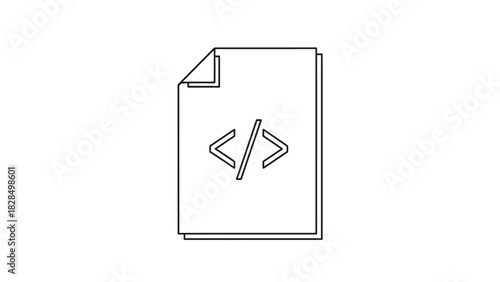 Simple line art icon depicting a code or script file. Minimalist vector illustration of a document with programming symbols, isolated on a white background