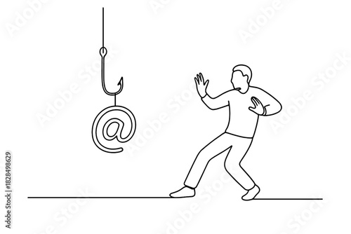Email Hook Avoidance. Phishing awareness. Minimalistic one-line drawing a person avoiding a hook with an email