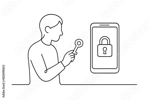 Key to Privacy. Online privacy. Minimalistic one-line drawing a person holding a key near a smartphone,