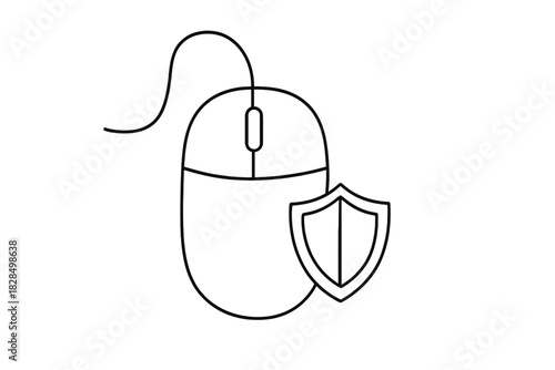Minimalist Mouse Shield. Safe browsing. Minimalistic one-line drawing a computer mouse with a small shield