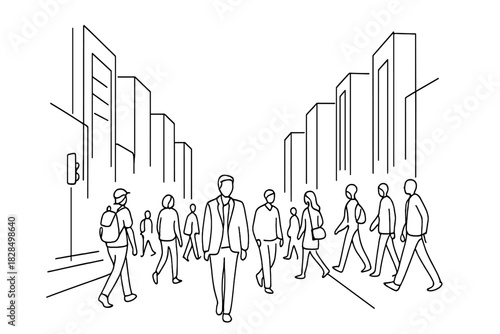 Minimalist City Vibe. Urban scenes and dynamic city life. Minimalistic one-line drawing a busy city street