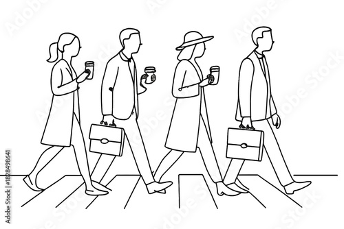 Minimalist Morning Commute. Morning commute. Minimalistic one-line drawing people walking with coffee cups and