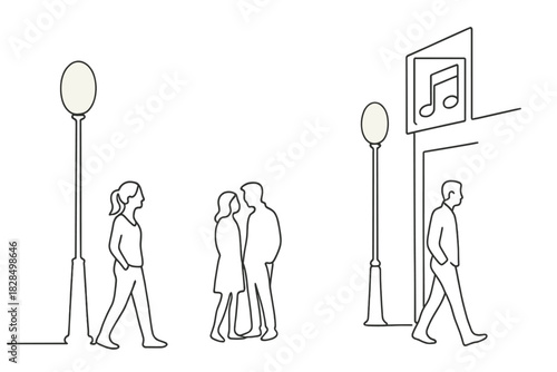 Urban Nightlife Silhouettes. Urban nightlife. Minimalistic one-line drawing silhouettes of people near glowing