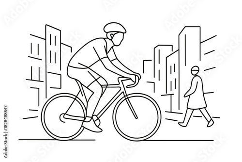 Minimalist Cyclist Drawing. Cyclist in motion. Minimalistic one-line drawing a person riding a bicycle through